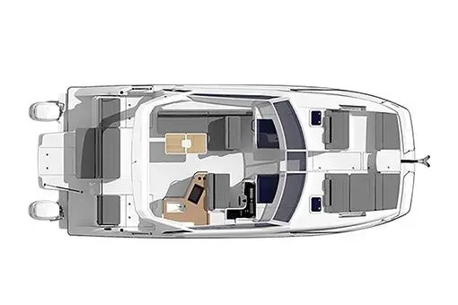 Top view of a modern speedboat with seating, helm, and table layout, showcasing its spacious and functional design.